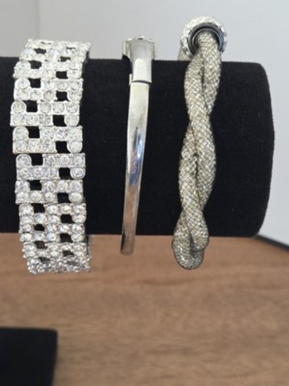 Lot Of 3 Silver Tone Rhinestone Bracelet Monet Stretch, Mesh, And Bangle